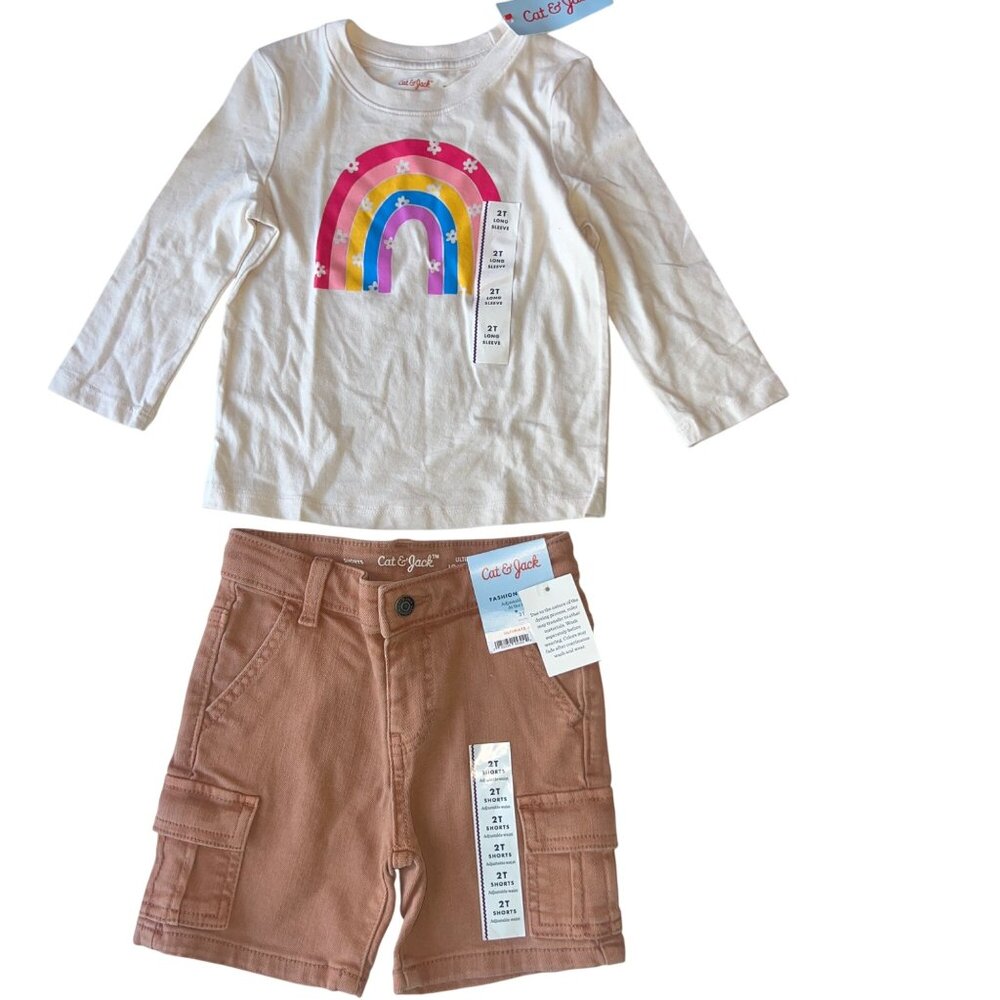 Cat & Jack Rainbow Long Sleeve Tee & Rust Cargo Shorts Toddler Girls 2T (2-pack)